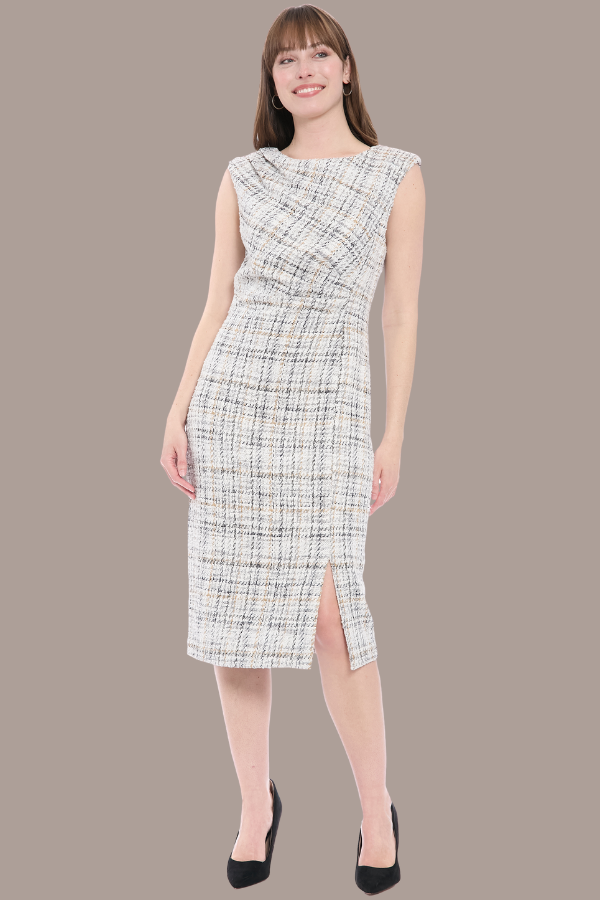 Boucle Tweed Sleeveless Dress | Ivory/Black/Grey