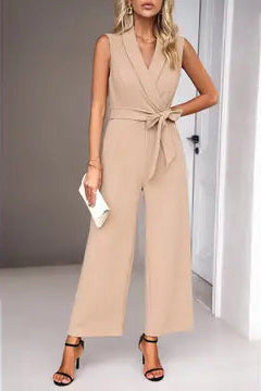 Wrap Sleeveless Belted Jumpsuit |  Khaki