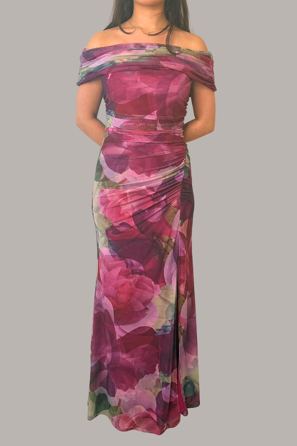 Printed Mesh Maxi with Foldover Neckline | Pink Multi