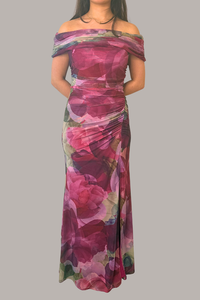 Printed Mesh Maxi with Foldover Neckline | Pink Multi