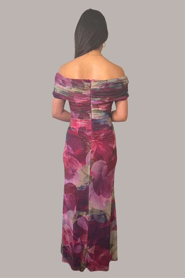 Printed Mesh Maxi with Foldover Neckline | Pink Multi