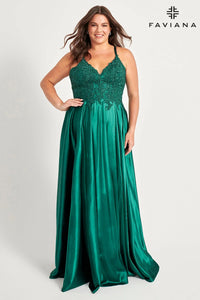 Faviana 9498 Charmouse V-Neck Applique Lace Up Gown