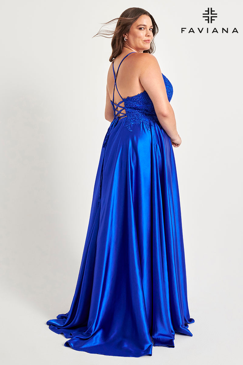 Faviana 9498 Long Flowy Prom Dress With Lace Bustier And Corset Back Harriman Clothing Co. Faviana 9498 Long Flowy Prom Dress With Lace Bustier And Corset Back Harriman Clothing Co.