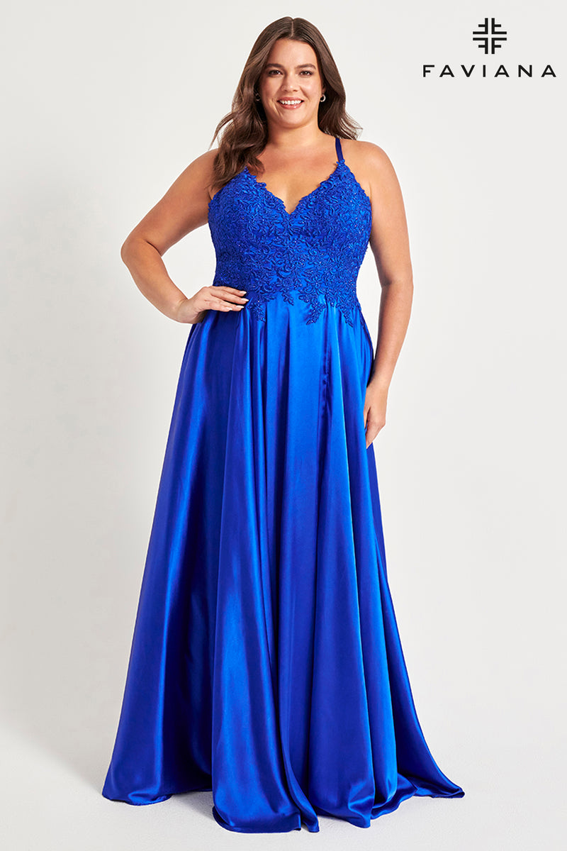 Faviana 9498 Long Flowy Prom Dress With Lace Bustier And Corset Back Harriman Clothing Co. Faviana 9498 Long Flowy Prom Dress With Lace Bustier And Corset Back Harriman Clothing Co.