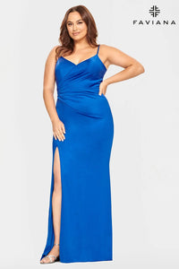 Faviana 9530 Long Dress With V Neck And Shirring Detail Waist | Royal Blue, Black, Red