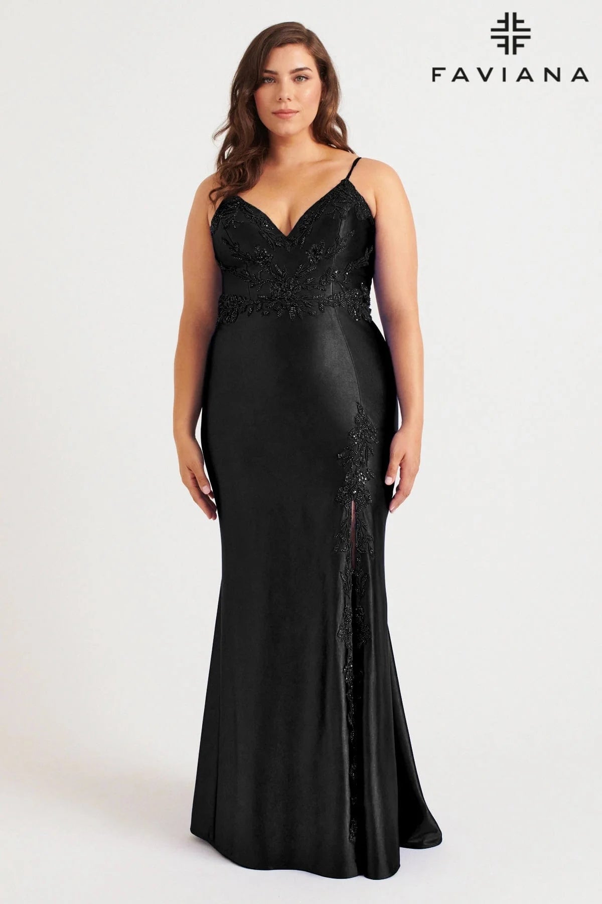 Faviana 9562 Spaghetti Strap Chasmere Beaded Satin Gown with Slit