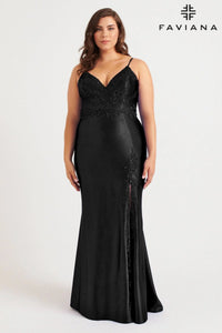 Faviana 9562 Spaghetti Strap Chasmere Beaded Satin Gown with Slit