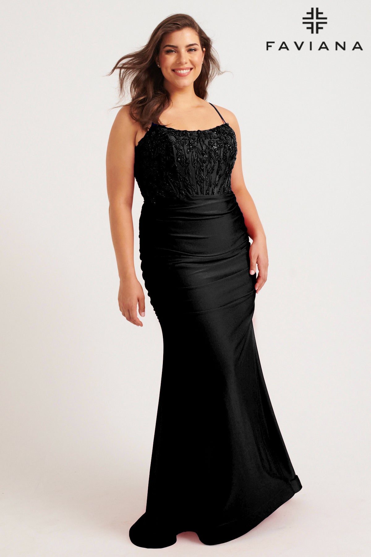 Faviana 9569 Straight Neck Beaded & Boned Jersey Gown