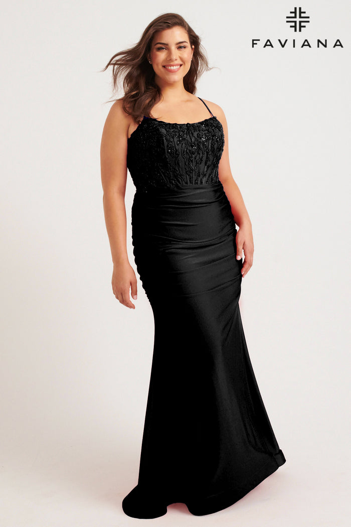 Faviana 9569 Straight Neck Beaded & Boned Jersey Gown