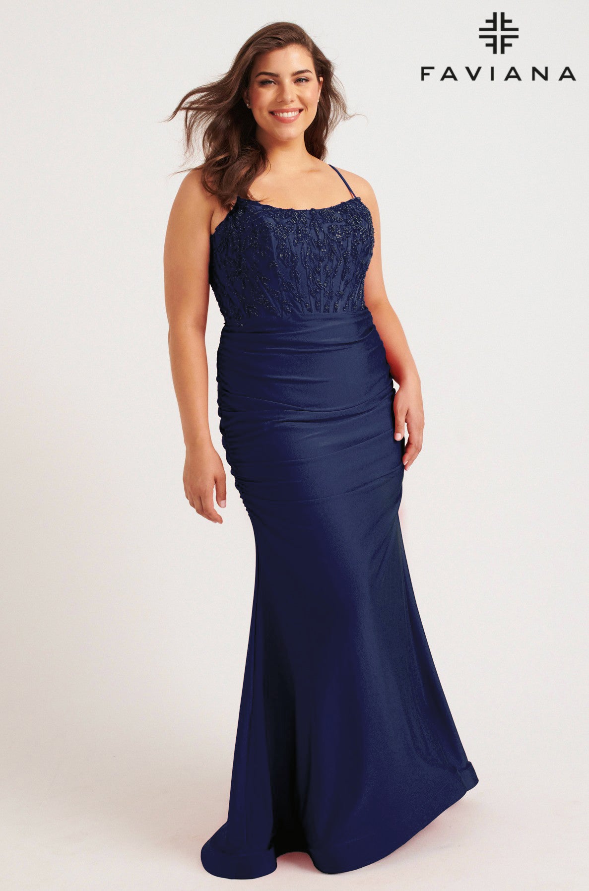 Faviana 9569 Straight Neck Beaded & Boned Jersey Gown
