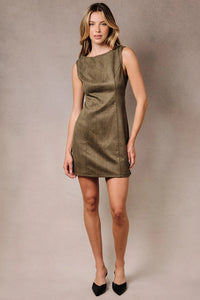 Sleeveless Faux Suede Boat Neck Mini Dress | Dark Olive