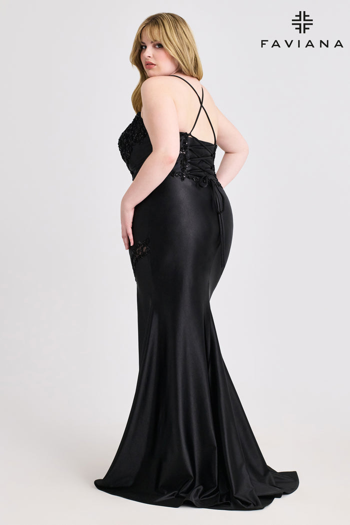 Faviana 9606 Satin Beaded Trim Gown with Lace Up Back