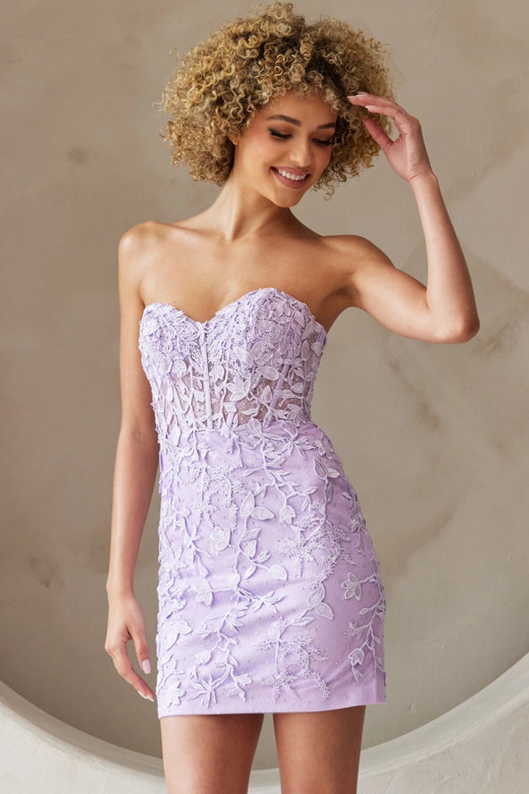 Strapless Sweetheart Lace Short Dress | Lilac