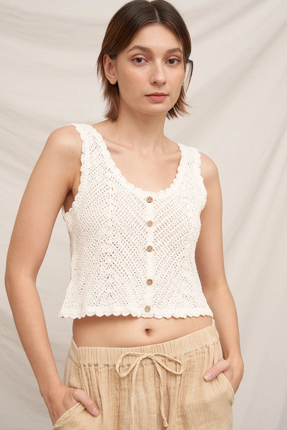 Sleeveless Crochet Top with Button | White