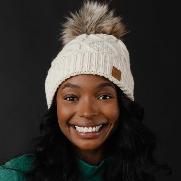 Cable Knit Pom Hat | Red, Beige