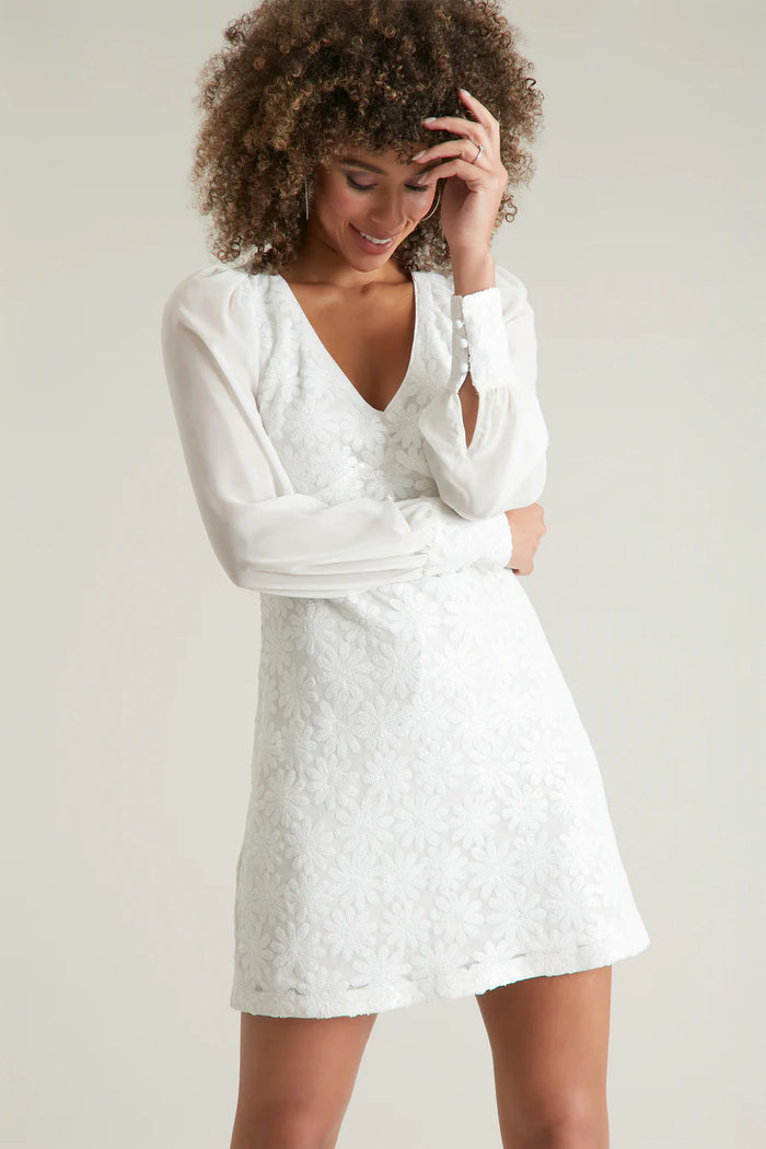 Sheer Long Sleeve Dress w/ Sequin Body | White