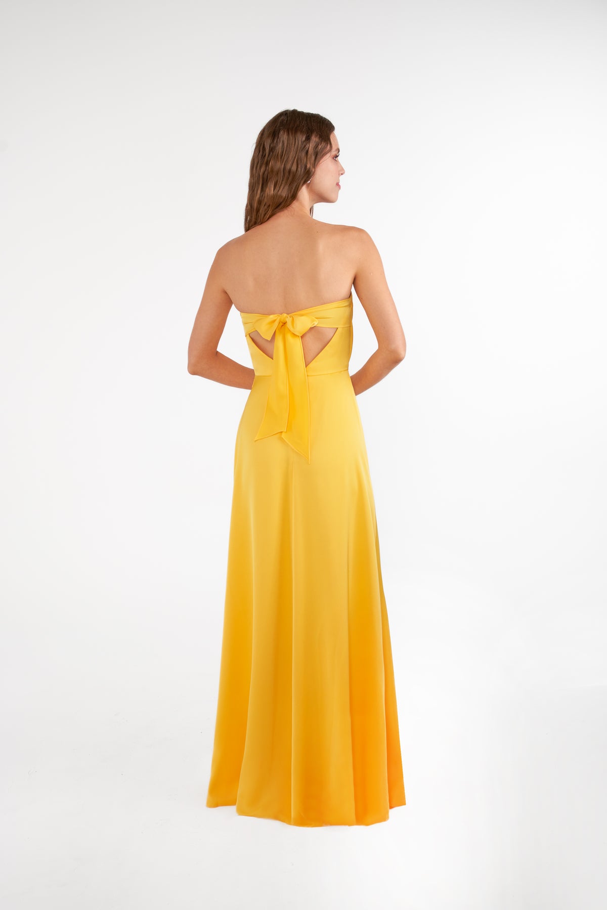B2 B283011 Strapless Tie Back Crepe Back Charmeuse Gown