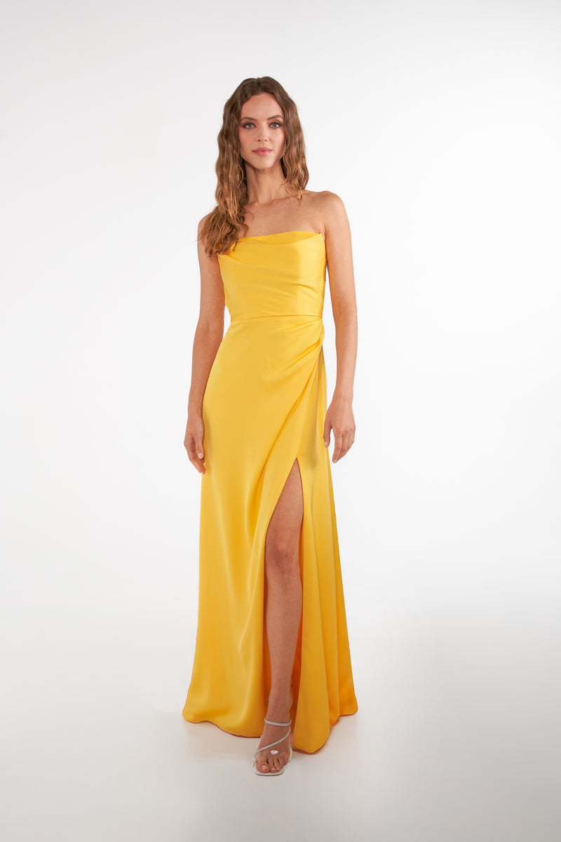 B2 B283011 Strapless Tie Back Crepe Back Charmeuse Gown