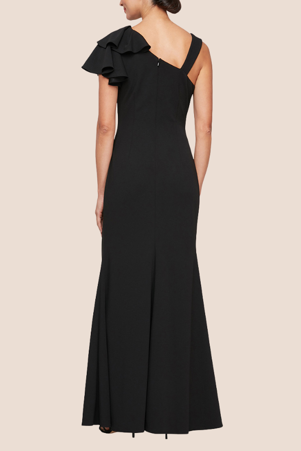 Fit & Flare Dress with Ruffle Shoulder and Front Slit