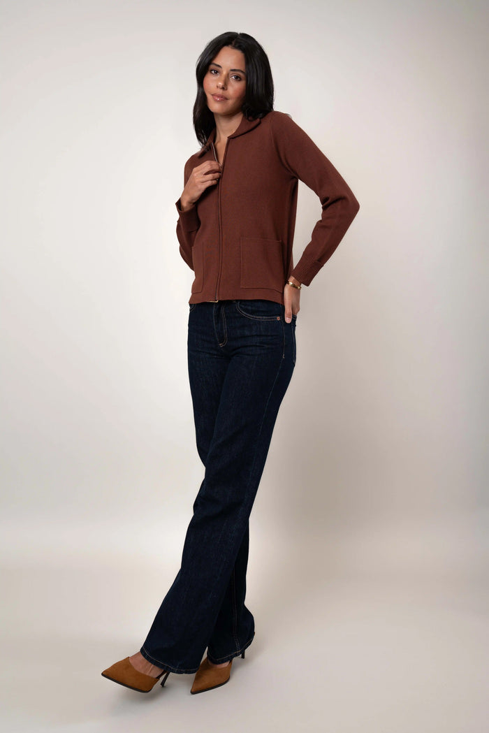 Flat Knit Zip Cardigan | Black, Cappuccino