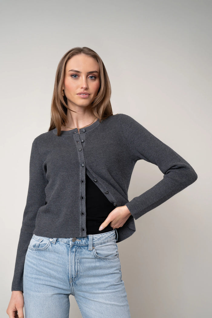 Crop Waffle Cardigan | Gunmetal Heather, Pumice Heather