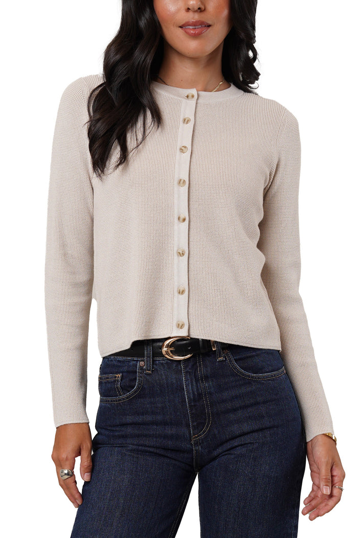Crop Waffle Cardigan | Gunmetal Heather, Pumice Heather