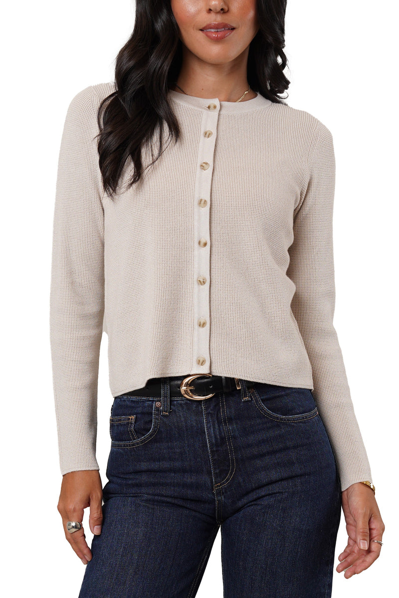 Crop Waffle Cardigan | Gunmetal Heather, Pumice Heather