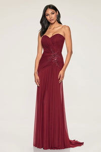 Cameron Blake CB202 Strapless Mesh w/ Lace Applique | Wine, Papaya