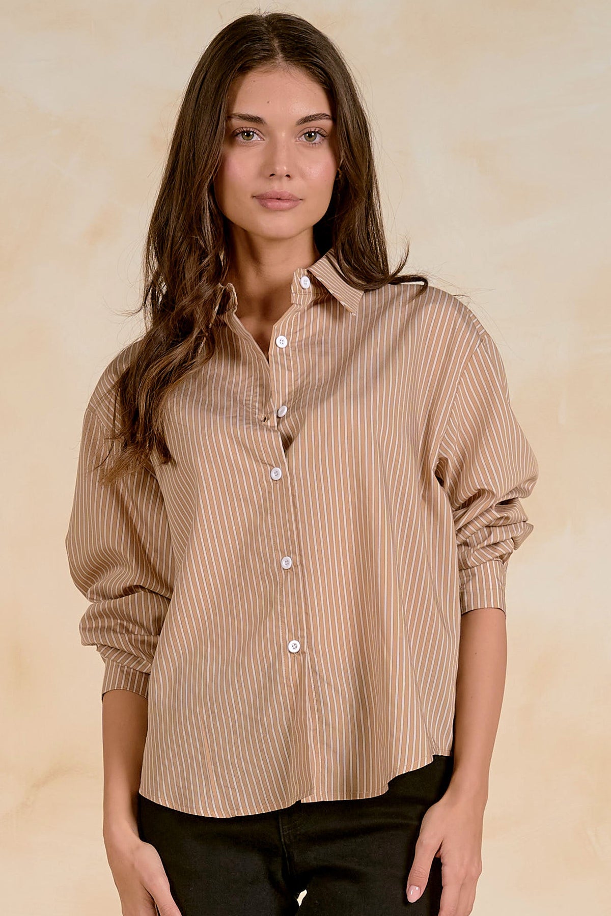 Long-Sleeve Stripe Button Back Shirt | Tan Stripe