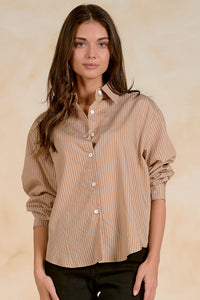 Long-Sleeve Stripe Button Back Shirt | Tan Stripe