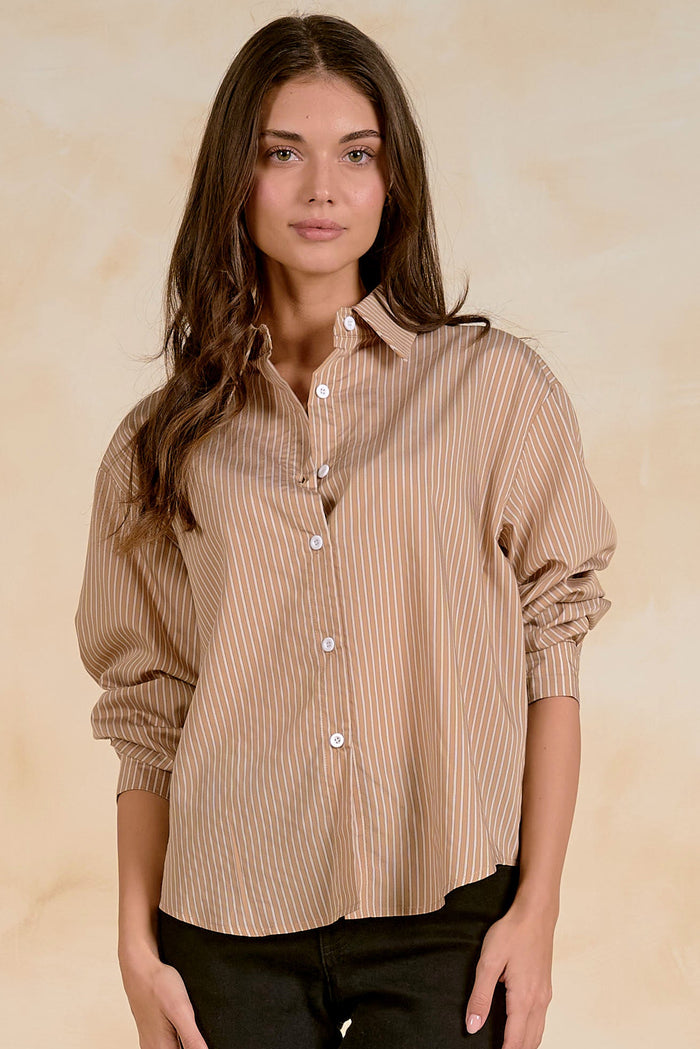 Long-Sleeve Stripe Button Back Shirt | Tan Stripe