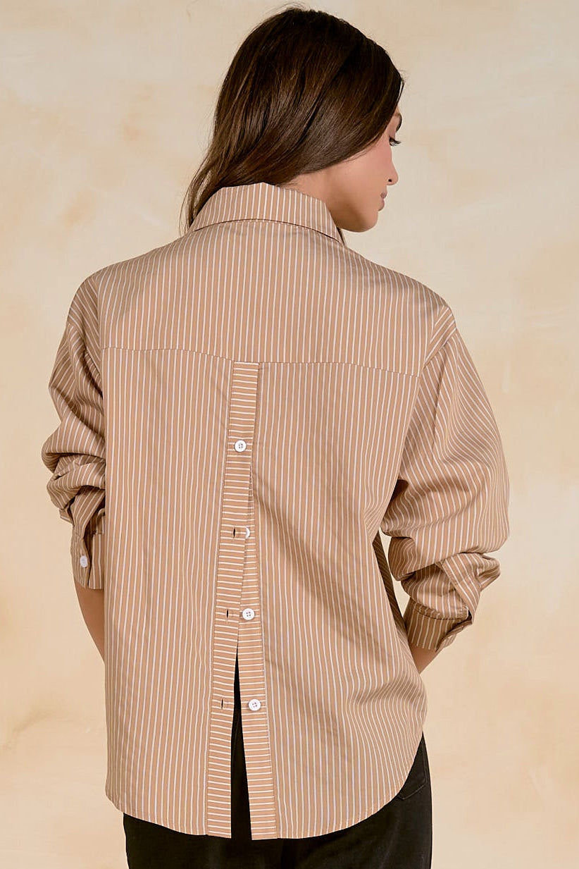 Long-Sleeve Stripe Button Back Shirt | Tan Stripe