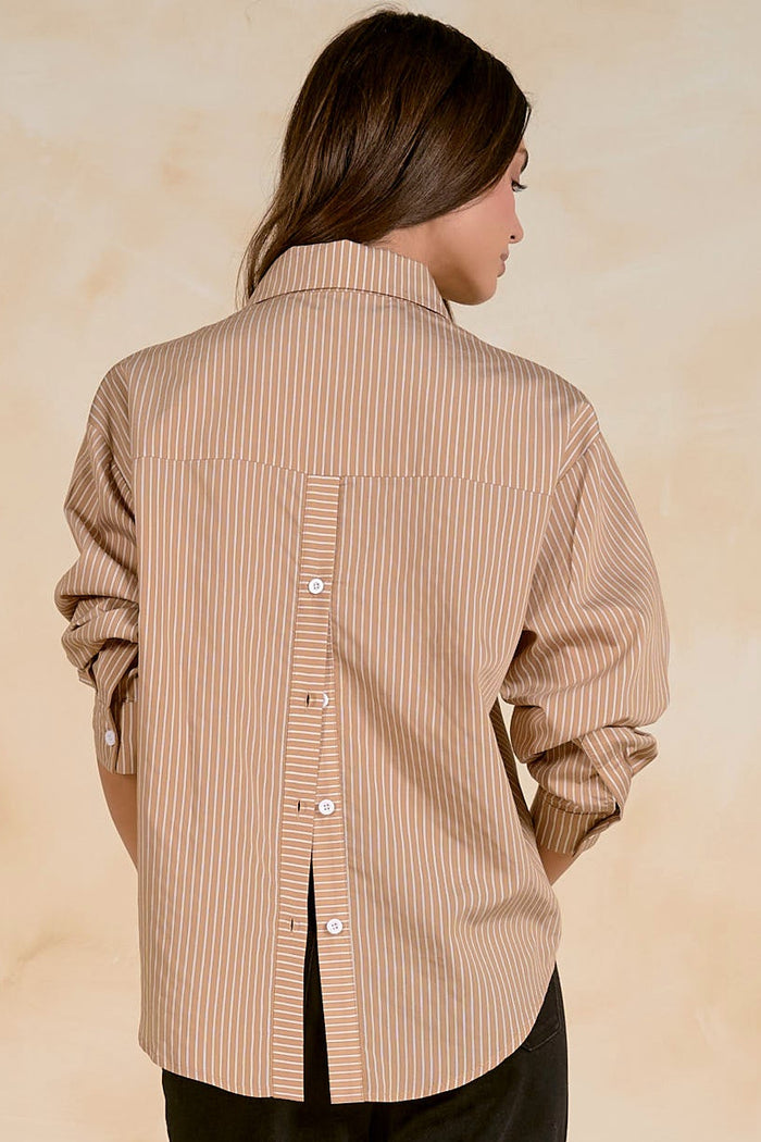 Long-Sleeve Stripe Button Back Shirt | Tan Stripe