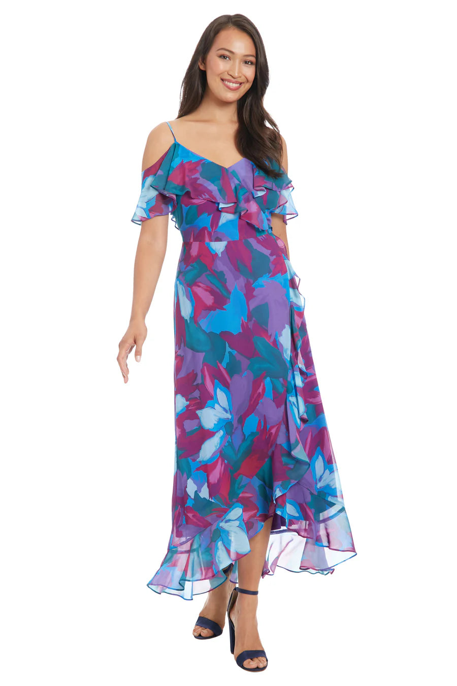 Cold  Shoulder Ruffle Wrap Maxi Dress | Blue/Jade