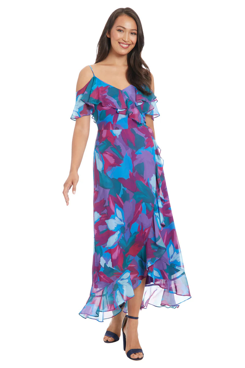 Cold  Shoulder Ruffle Wrap Maxi Dress | Blue/Jade