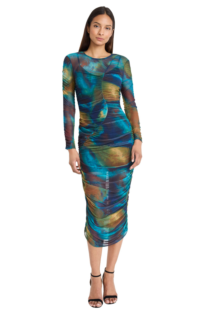 Watercolor Long-Sleeve Mesh Dress | Teal/Green