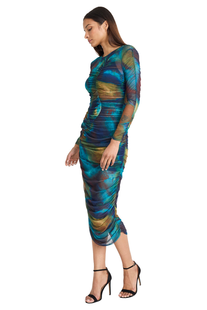 Watercolor Long-Sleeve Mesh Dress | Teal/Green