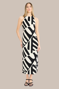 Hi-Neck Geometric Long Dress | Cream/Black