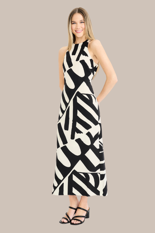 Hi-Neck Geometric Long Dress | Cream/Black