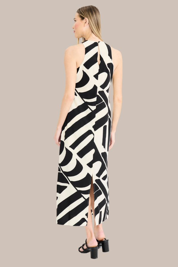 Hi-Neck Geometric Long Dress | Cream/Black