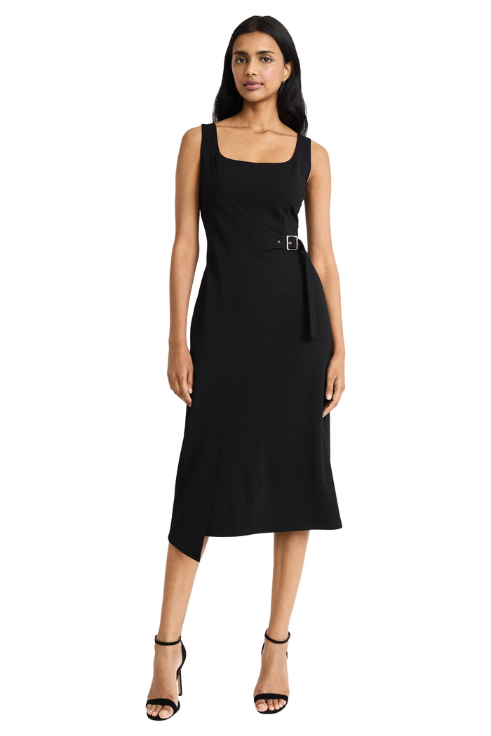 Scuba Crepe Tank Dress w/ Buckle | Black