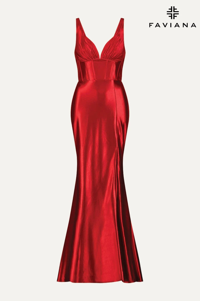 Faviana E11088 Sleek Satin Corset Gown With Boning Detail