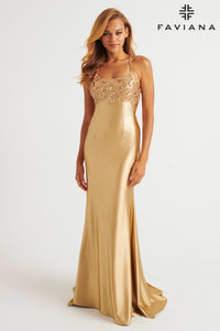 Faviana E11201 Satin Scoop Neck Dress With Sequin Applique And Lace Up Back