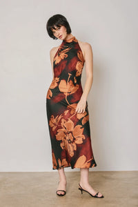 Floral Satin Halter Dress | Midnight Scarlet