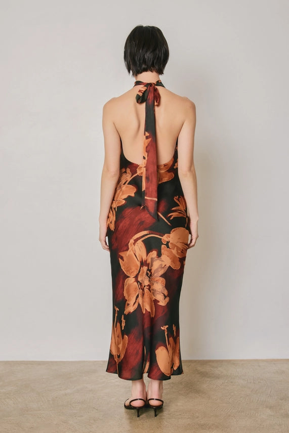 Floral Satin Halter Dress | Midnight Scarlet