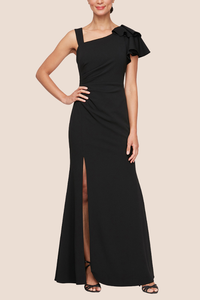 Fit & Flare Dress with Ruffle Shoulder and Front Slit