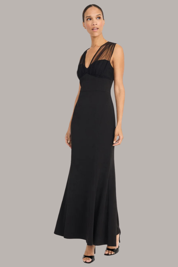 V-Neck Mesh Dress with Scuba Crepe | Black