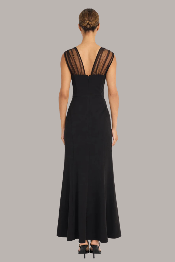 V-Neck Mesh Dress with Scuba Crepe | Black