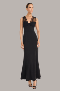 V-Neck Mesh Dress with Scuba Crepe | Black