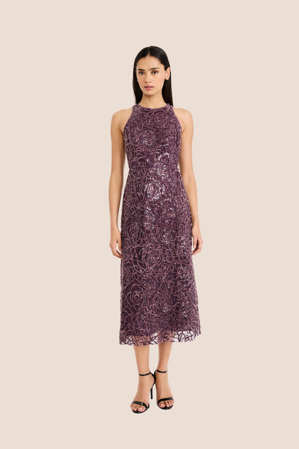 High Neckline Sleevless Fit and Flair Dress | Mauve